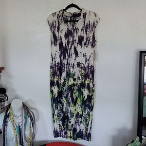 SLNY Sleeveless V Neck Midi Dress in Watercolor Abstract Size 12